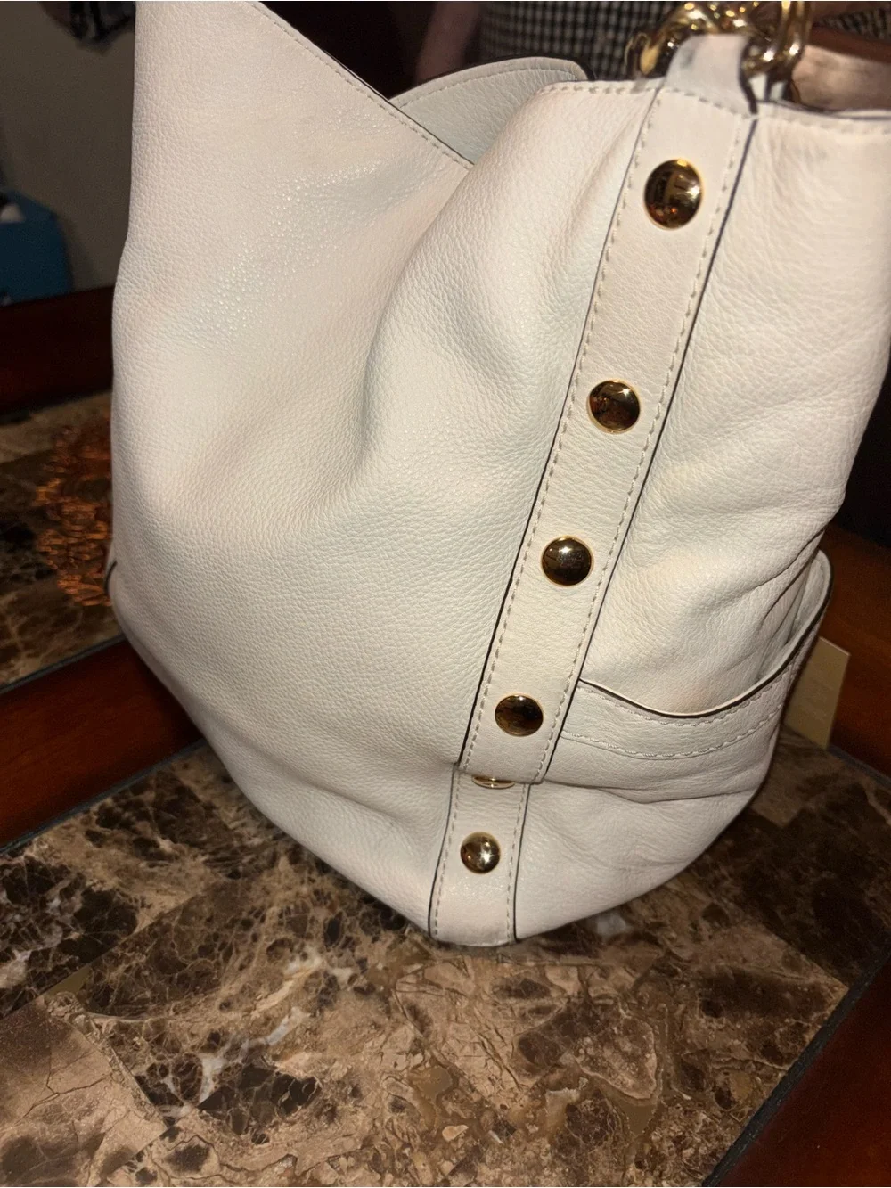 Michael Kors White Leather Shoulder Tote with Gold Chain Straps